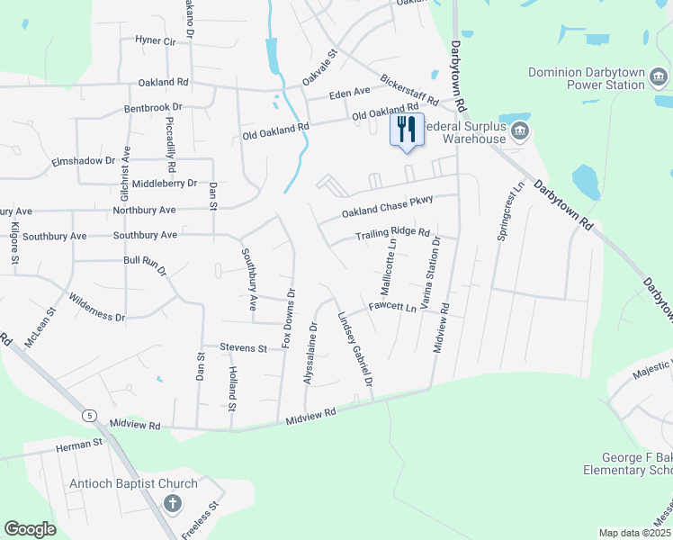map of restaurants, bars, coffee shops, grocery stores, and more near 6512 Oakland Chase Place in Henrico