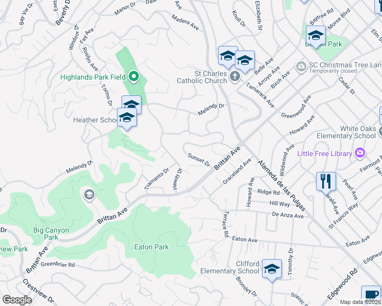 map of restaurants, bars, coffee shops, grocery stores, and more near 964 Sunset Drive in San Carlos