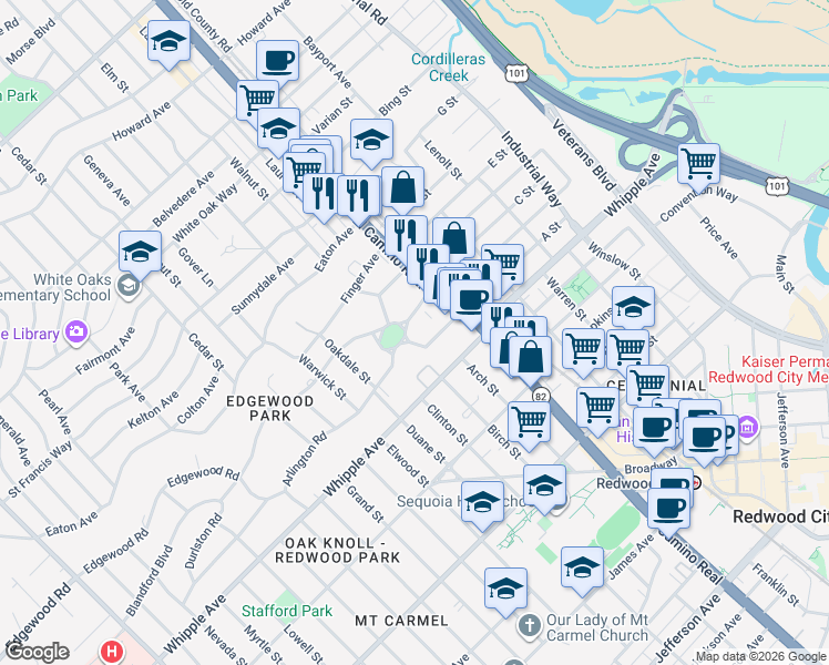 map of restaurants, bars, coffee shops, grocery stores, and more near 111 Wellesley Crescent in Redwood City