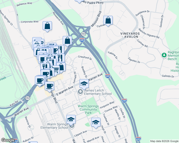 map of restaurants, bars, coffee shops, grocery stores, and more near 46878 Lonsdale Court in Fremont