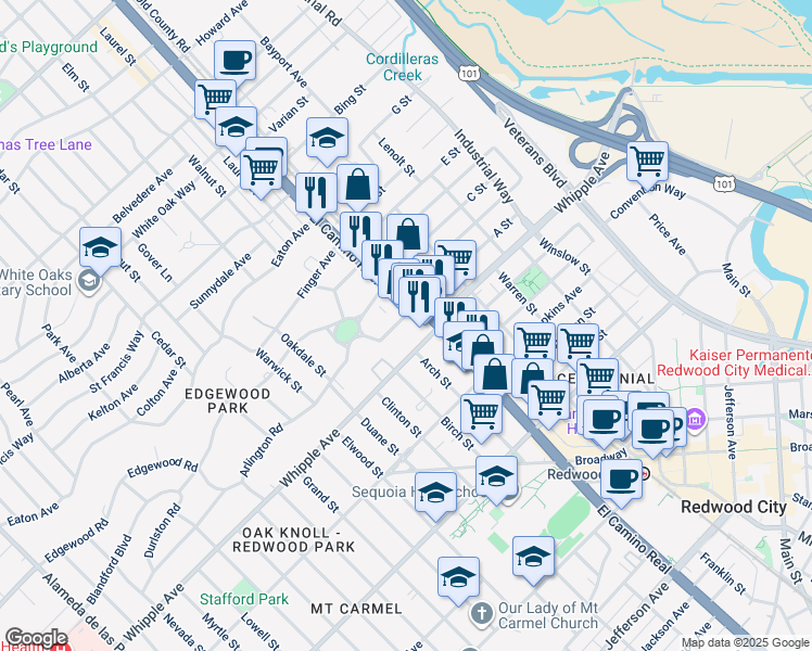 map of restaurants, bars, coffee shops, grocery stores, and more near in Redwood City