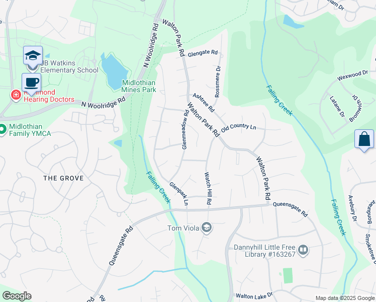 map of restaurants, bars, coffee shops, grocery stores, and more near 549 Glenmeadow Road in Midlothian