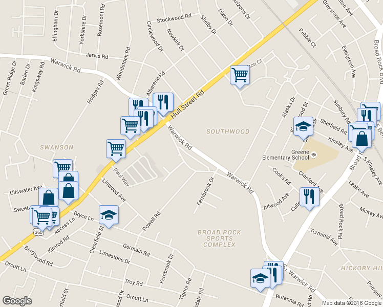 map of restaurants, bars, coffee shops, grocery stores, and more near 5102 Warwick Road in Richmond
