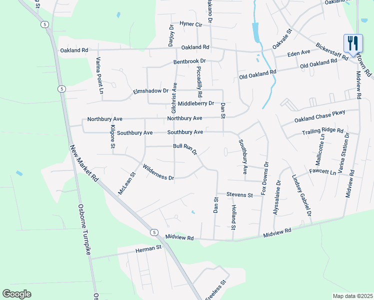 map of restaurants, bars, coffee shops, grocery stores, and more near 1407 Bull Run Drive in Henrico