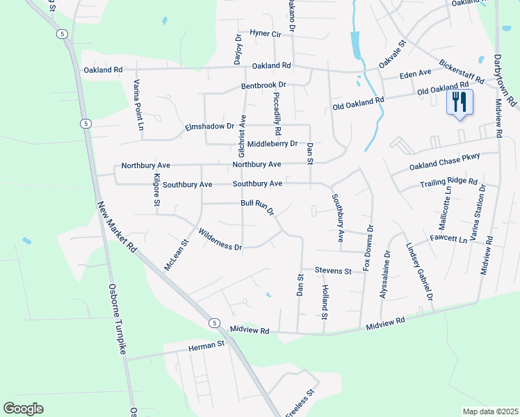 map of restaurants, bars, coffee shops, grocery stores, and more near 1407 Bull Run Drive in Henrico