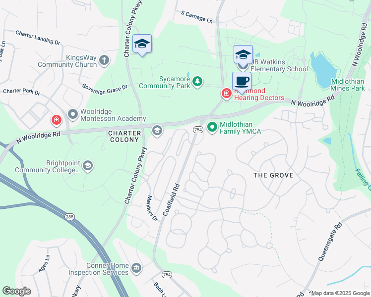 map of restaurants, bars, coffee shops, grocery stores, and more near 611 Fern Meadow Loop in Midlothian