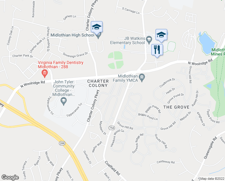 map of restaurants, bars, coffee shops, grocery stores, and more near 620 Fern Meadow Loop in Midlothian