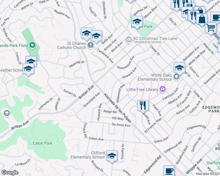 map of restaurants, bars, coffee shops, grocery stores, and more near 121 Brook Street in San Carlos