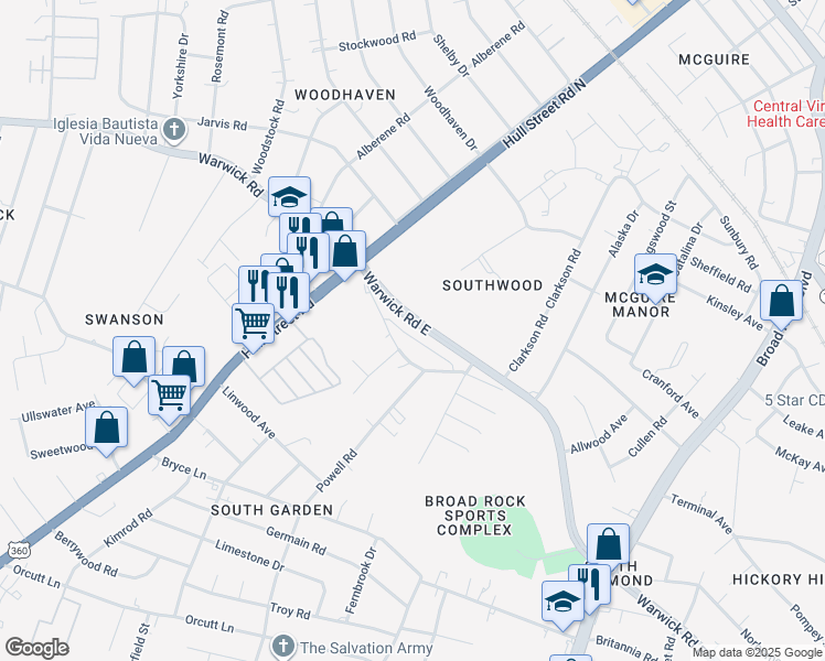 map of restaurants, bars, coffee shops, grocery stores, and more near 5102 Warwick Road in Richmond
