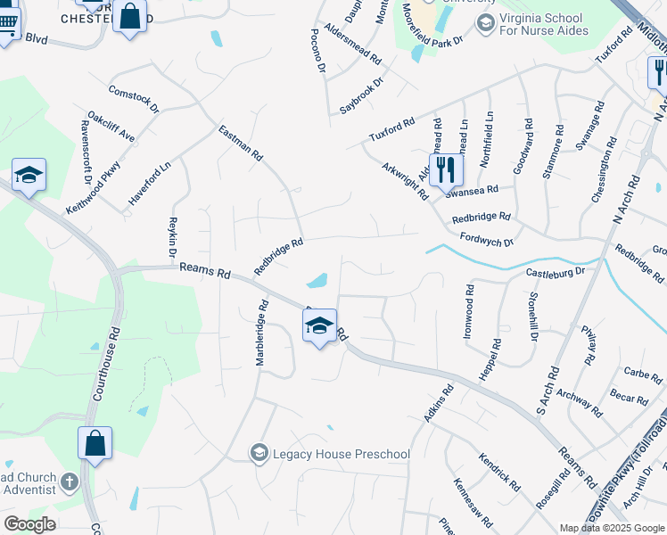 map of restaurants, bars, coffee shops, grocery stores, and more near 40 Mistywood Road in Richmond