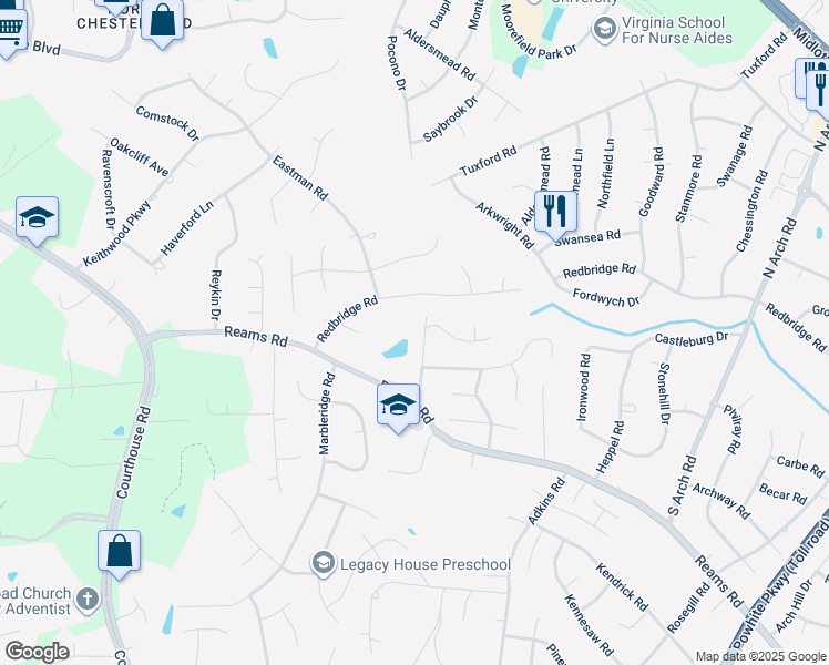 map of restaurants, bars, coffee shops, grocery stores, and more near 40 Mistywood Road in Richmond