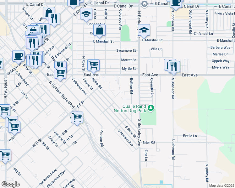 map of restaurants, bars, coffee shops, grocery stores, and more near 743 Alpha Road in Turlock