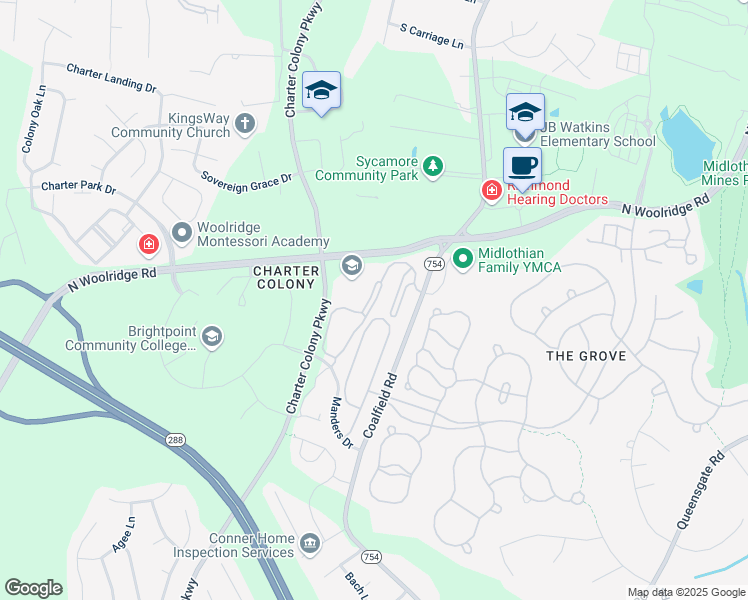 map of restaurants, bars, coffee shops, grocery stores, and more near 721 Woodland Creek Way in Midlothian
