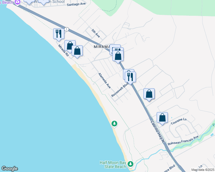 map of restaurants, bars, coffee shops, grocery stores, and more near 118 Alameda Avenue in Half Moon Bay