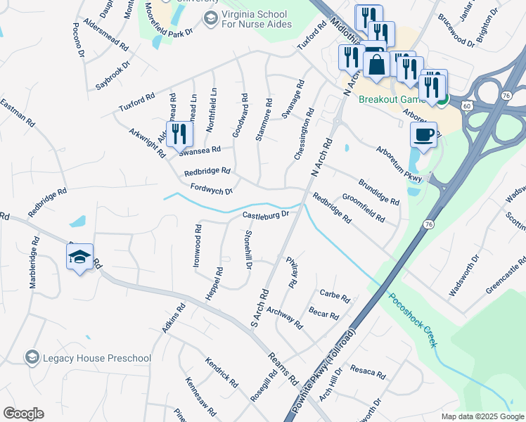 map of restaurants, bars, coffee shops, grocery stores, and more near 9600 Castleburg Drive in Richmond
