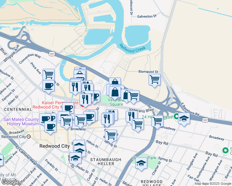 map of restaurants, bars, coffee shops, grocery stores, and more near 1270 Oddstad Drive in Redwood City