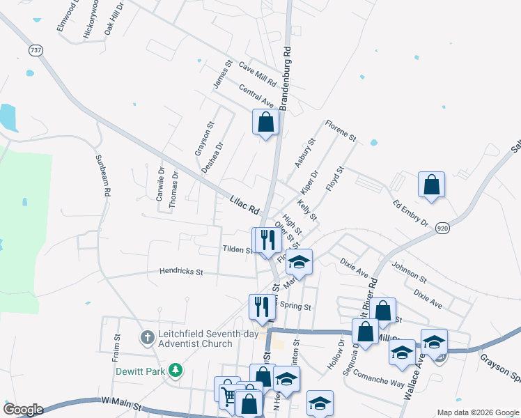 map of restaurants, bars, coffee shops, grocery stores, and more near 908 Brandenburg Road in Leitchfield