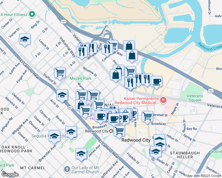 map of restaurants, bars, coffee shops, grocery stores, and more near in Redwood City