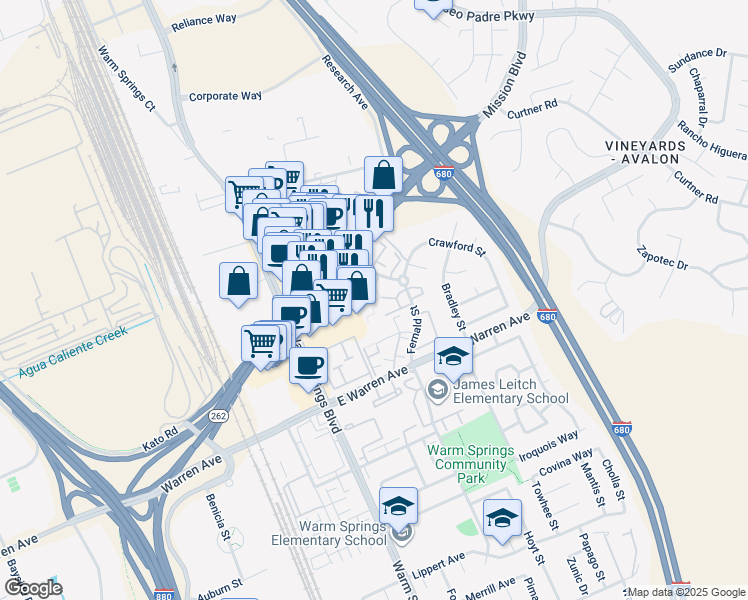 map of restaurants, bars, coffee shops, grocery stores, and more near 46762 Winema Common in Fremont