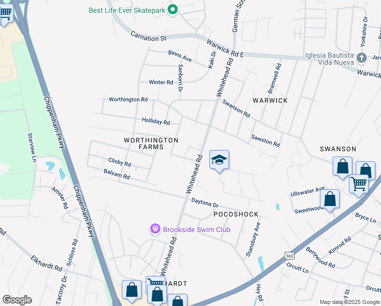 map of restaurants, bars, coffee shops, grocery stores, and more near 1106 Whitehead Road in Richmond