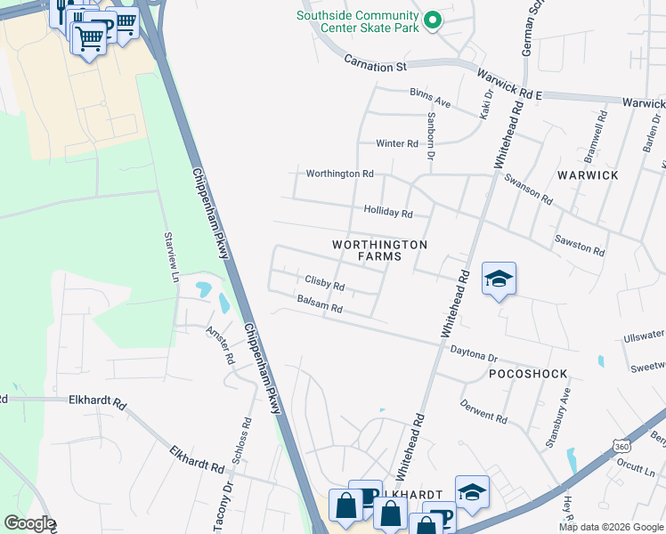 map of restaurants, bars, coffee shops, grocery stores, and more near 6506 Erhart Road in Richmond