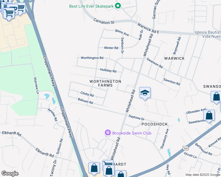 map of restaurants, bars, coffee shops, grocery stores, and more near 1117 Pierpont Road in Richmond