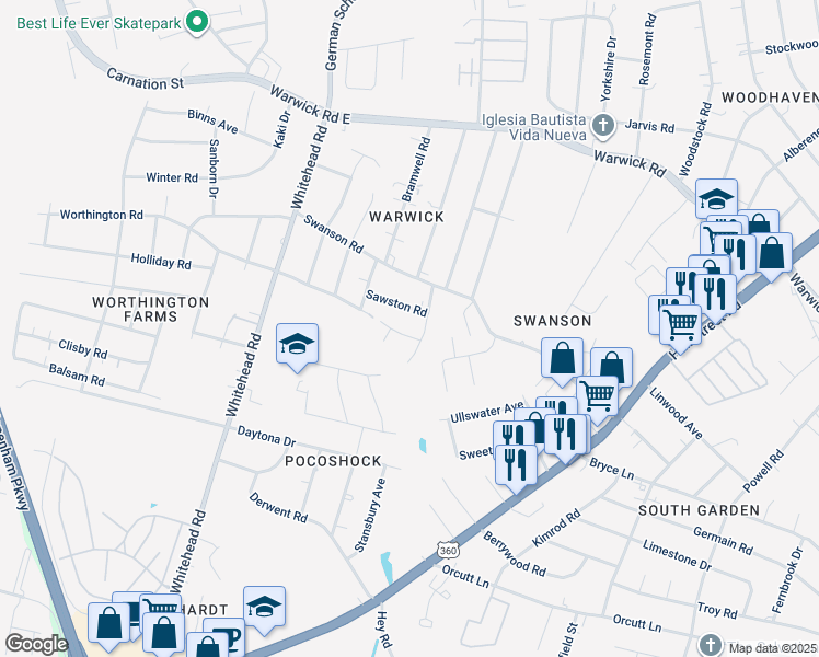 map of restaurants, bars, coffee shops, grocery stores, and more near 5924 Worthington Road in Richmond