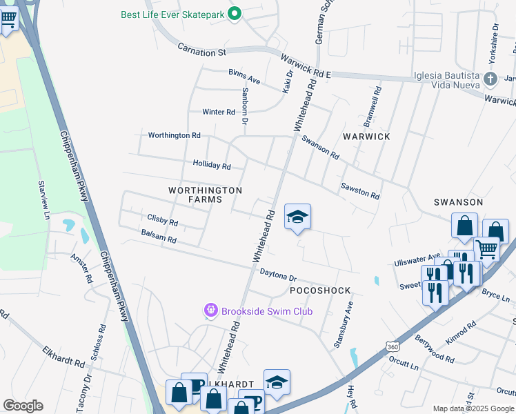 map of restaurants, bars, coffee shops, grocery stores, and more near 1106 Whitehead Road in Richmond