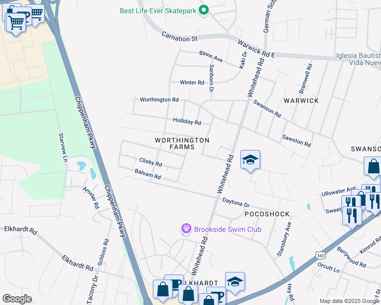 map of restaurants, bars, coffee shops, grocery stores, and more near 1117 Pierpont Road in Richmond