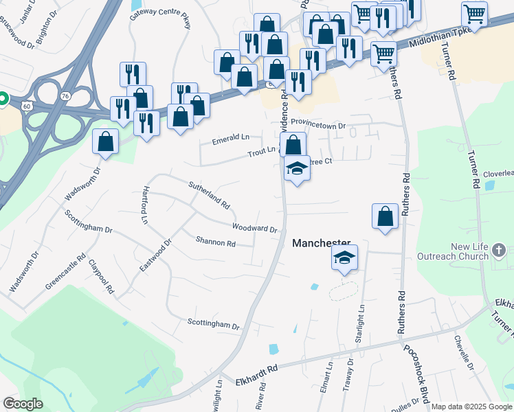 map of restaurants, bars, coffee shops, grocery stores, and more near 500 Morelock Drive in Richmond