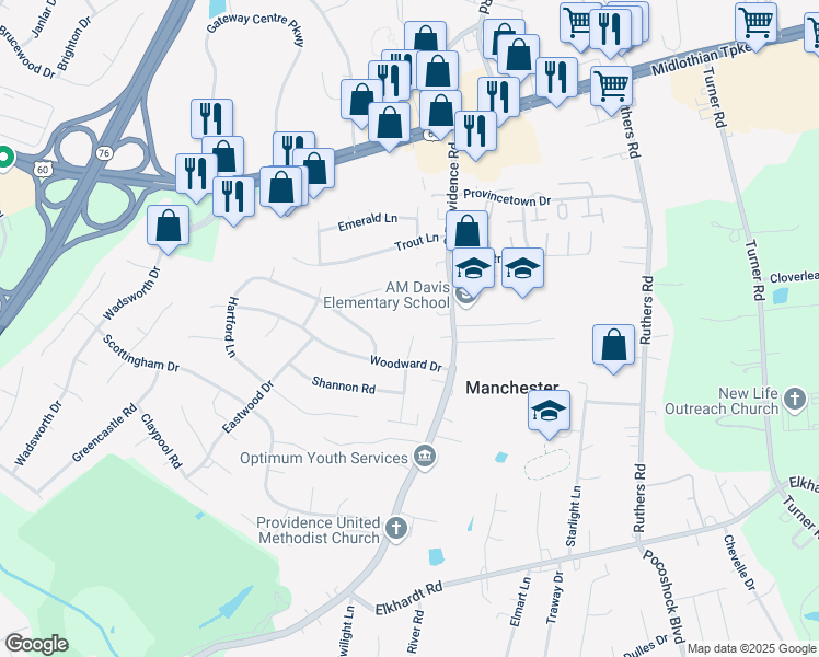 map of restaurants, bars, coffee shops, grocery stores, and more near 500 Morelock Drive in Richmond