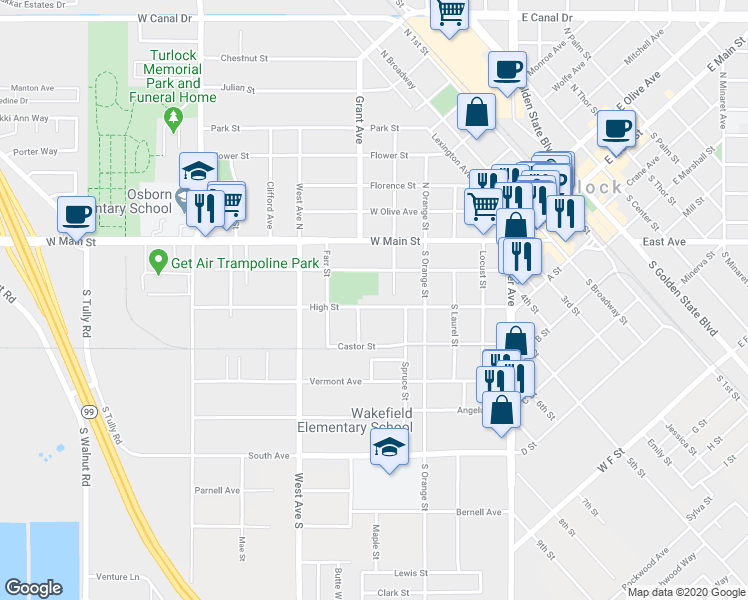 map of restaurants, bars, coffee shops, grocery stores, and more near 567 High Street in Turlock