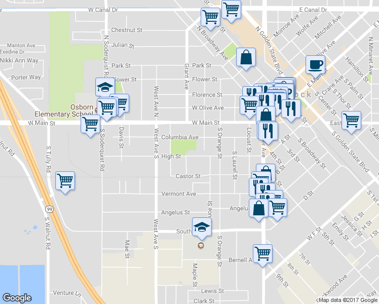 map of restaurants, bars, coffee shops, grocery stores, and more near 591 High Street in Turlock