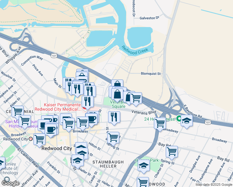 map of restaurants, bars, coffee shops, grocery stores, and more near 1270 Oddstad Drive in Redwood City