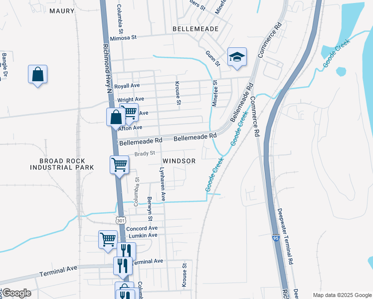 map of restaurants, bars, coffee shops, grocery stores, and more near 2200 Brady Street in Richmond