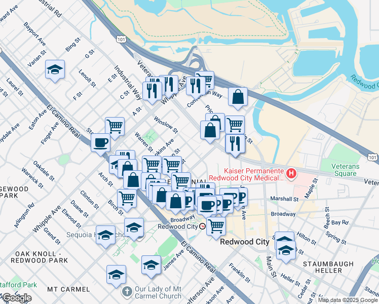 map of restaurants, bars, coffee shops, grocery stores, and more near 447 Alden Street in Redwood City