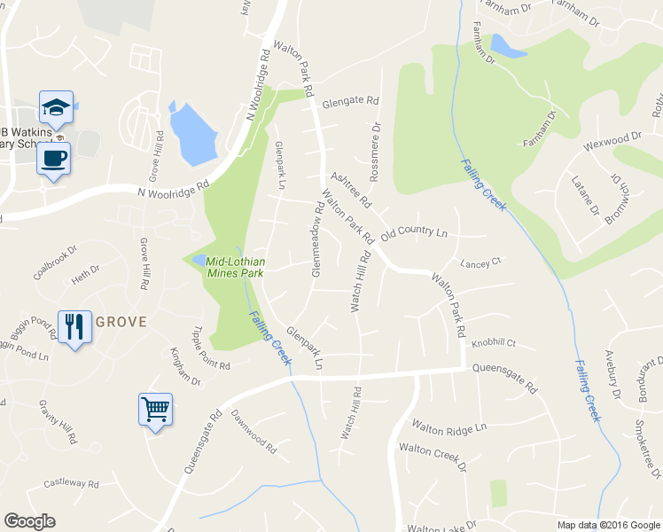 map of restaurants, bars, coffee shops, grocery stores, and more near 554 Glenmeadow Terrace in Midlothian