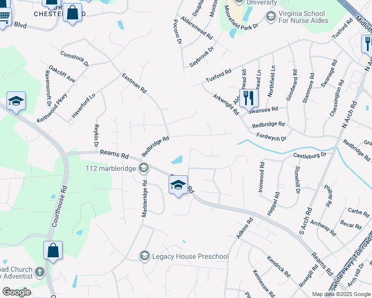 map of restaurants, bars, coffee shops, grocery stores, and more near 32 Mistywood Road in Chesterfield County