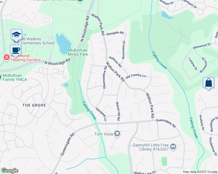 map of restaurants, bars, coffee shops, grocery stores, and more near 554 Glenmeadow Terrace in Midlothian