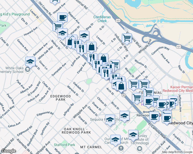 map of restaurants, bars, coffee shops, grocery stores, and more near 39 Edgewood Road in Redwood City