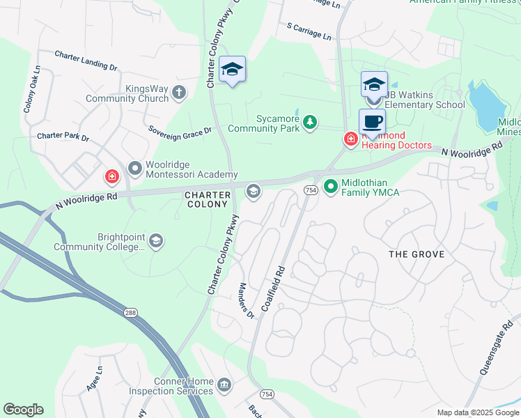map of restaurants, bars, coffee shops, grocery stores, and more near 614 Bristol Village Drive in Midlothian