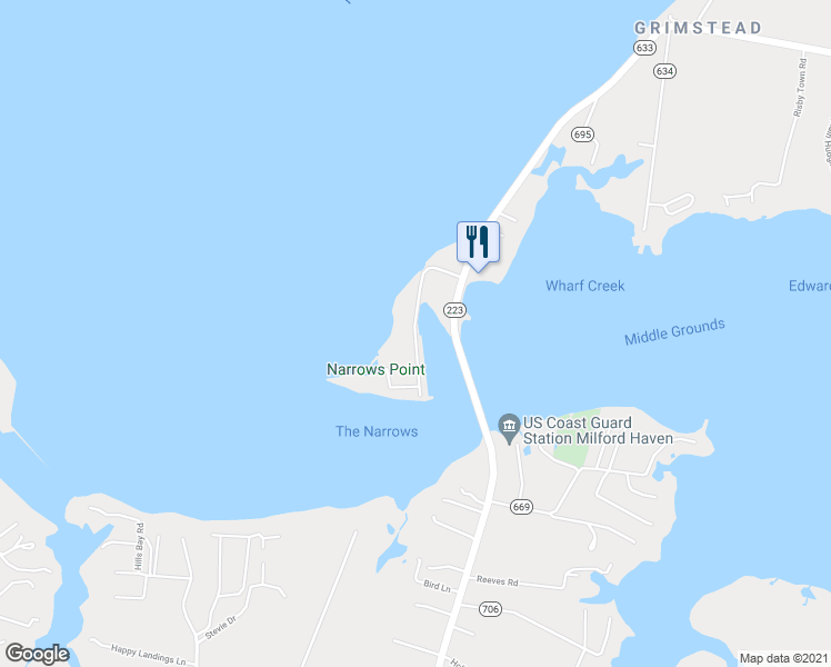 map of restaurants, bars, coffee shops, grocery stores, and more near Old Ferry Road in Gwynn