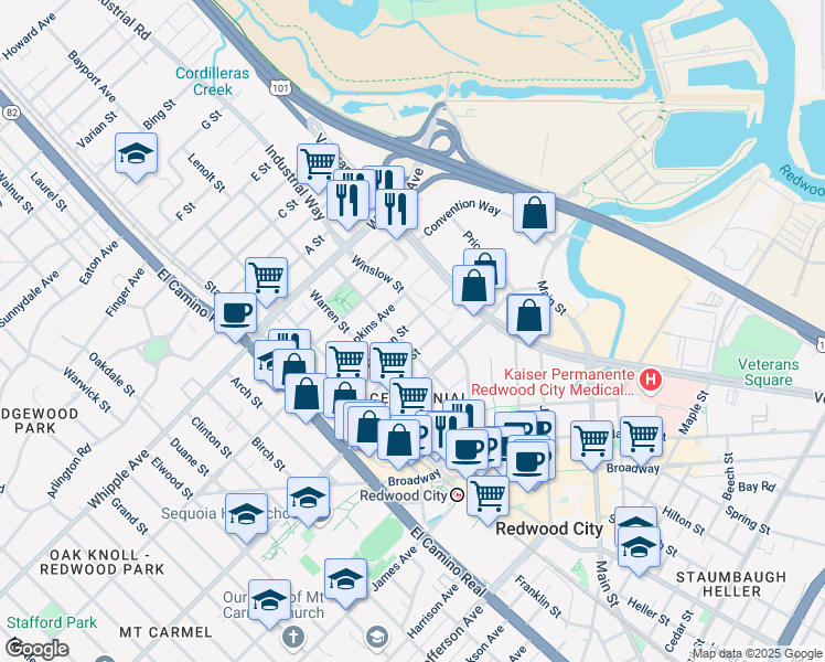 map of restaurants, bars, coffee shops, grocery stores, and more near 418 Samson Street in Redwood City