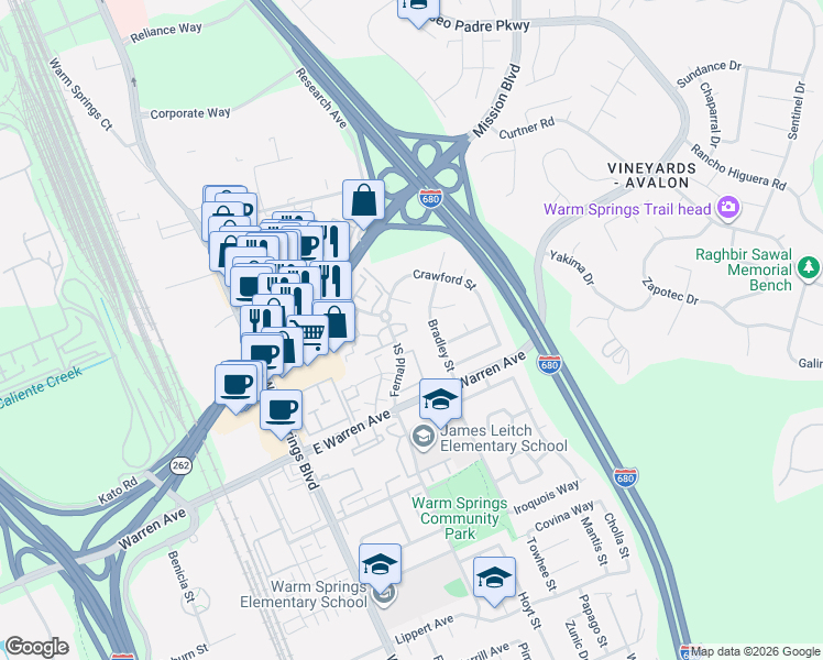 map of restaurants, bars, coffee shops, grocery stores, and more near 46829 Bradley Street in Fremont