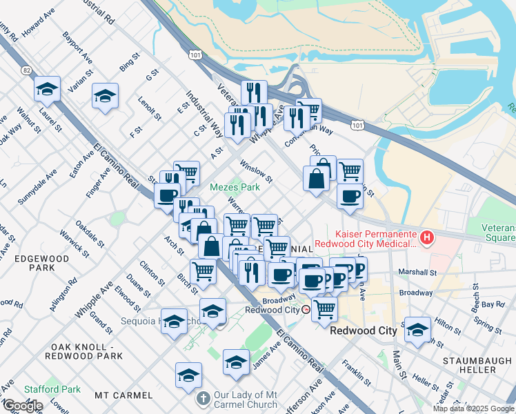 map of restaurants, bars, coffee shops, grocery stores, and more near 721 Hopkins Avenue in Redwood City