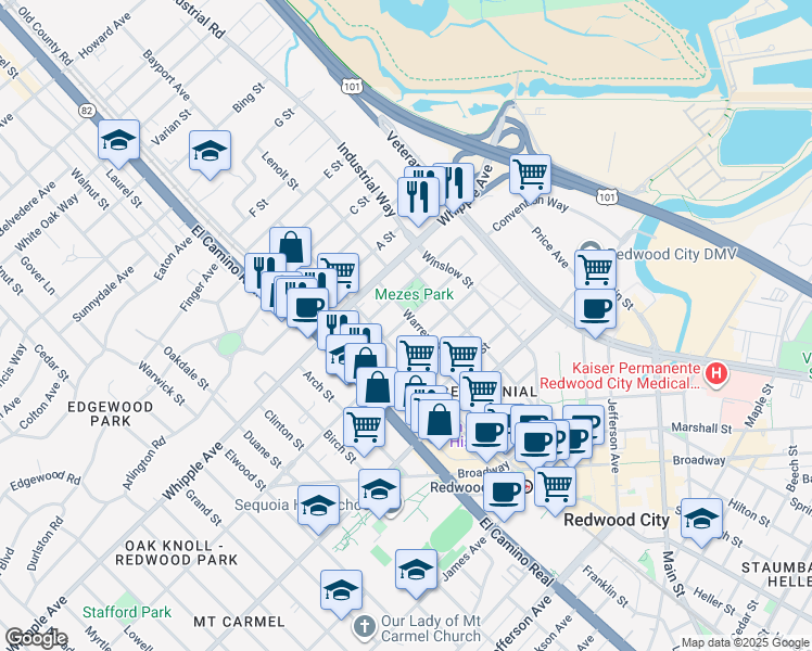 map of restaurants, bars, coffee shops, grocery stores, and more near 246 Standish Street in Redwood City