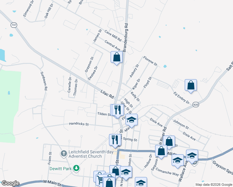 map of restaurants, bars, coffee shops, grocery stores, and more near 908 Brandenburg Road in Leitchfield