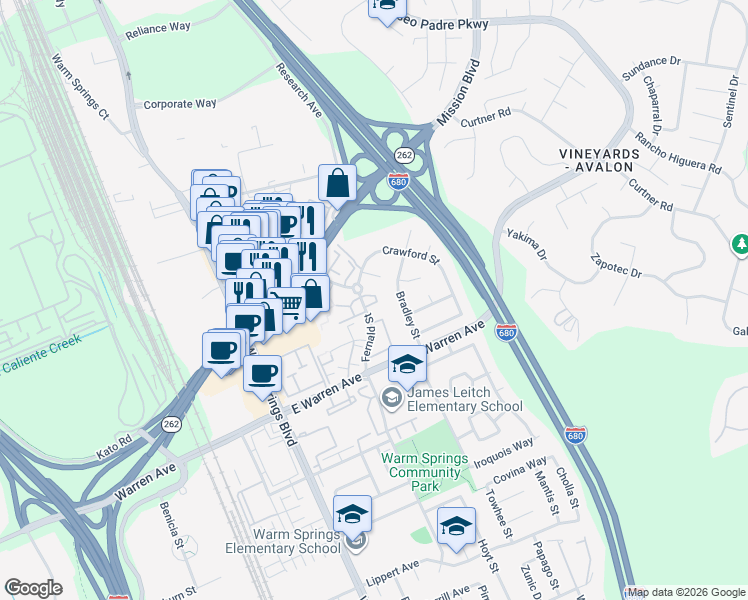 map of restaurants, bars, coffee shops, grocery stores, and more near 386 Sequim Common in Fremont