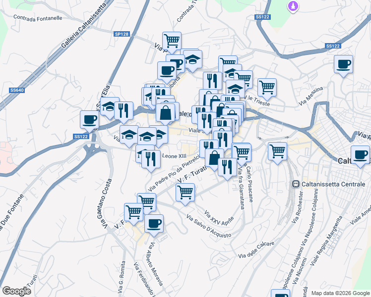 map of restaurants, bars, coffee shops, grocery stores, and more near 3 Via Rizzo Luigi in Caltanissetta