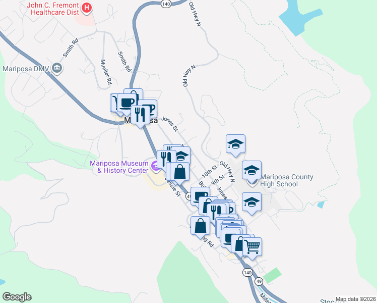 map of restaurants, bars, coffee shops, grocery stores, and more near 5121 Jones Street in Mariposa